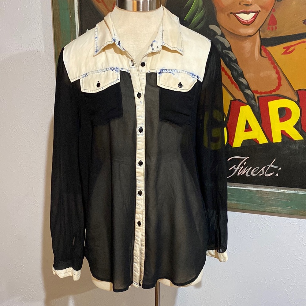 Black Swan Semi Sheer Polyester and Denim Button Down Shirt